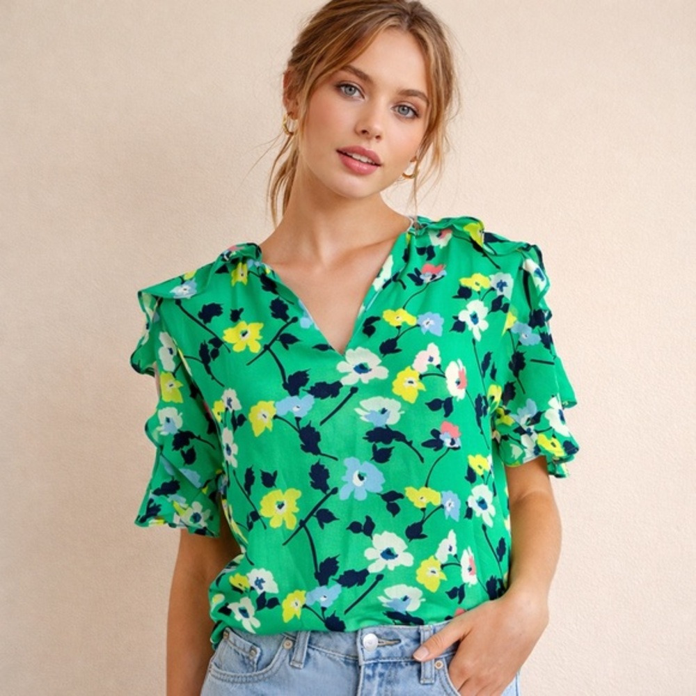 Banana Republic Green Floral V-Neck Ruffle Sleeve Blouse